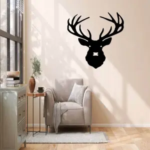 Modern minimalist deer head wall decoration - black deer pattern metal logo with beige background, durable iron Christmas decoration, suitable for home, office, courtyard - elegant housewarming or anniversary gift