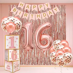Sweet 16 Party Decorations,16th Birthday Boxes Decor for Girls Women Sweet Sixteen Happy Birthday Banner Kits Pink Rose  Foil Balloons Party Supplies Rose  Tassel Curtain