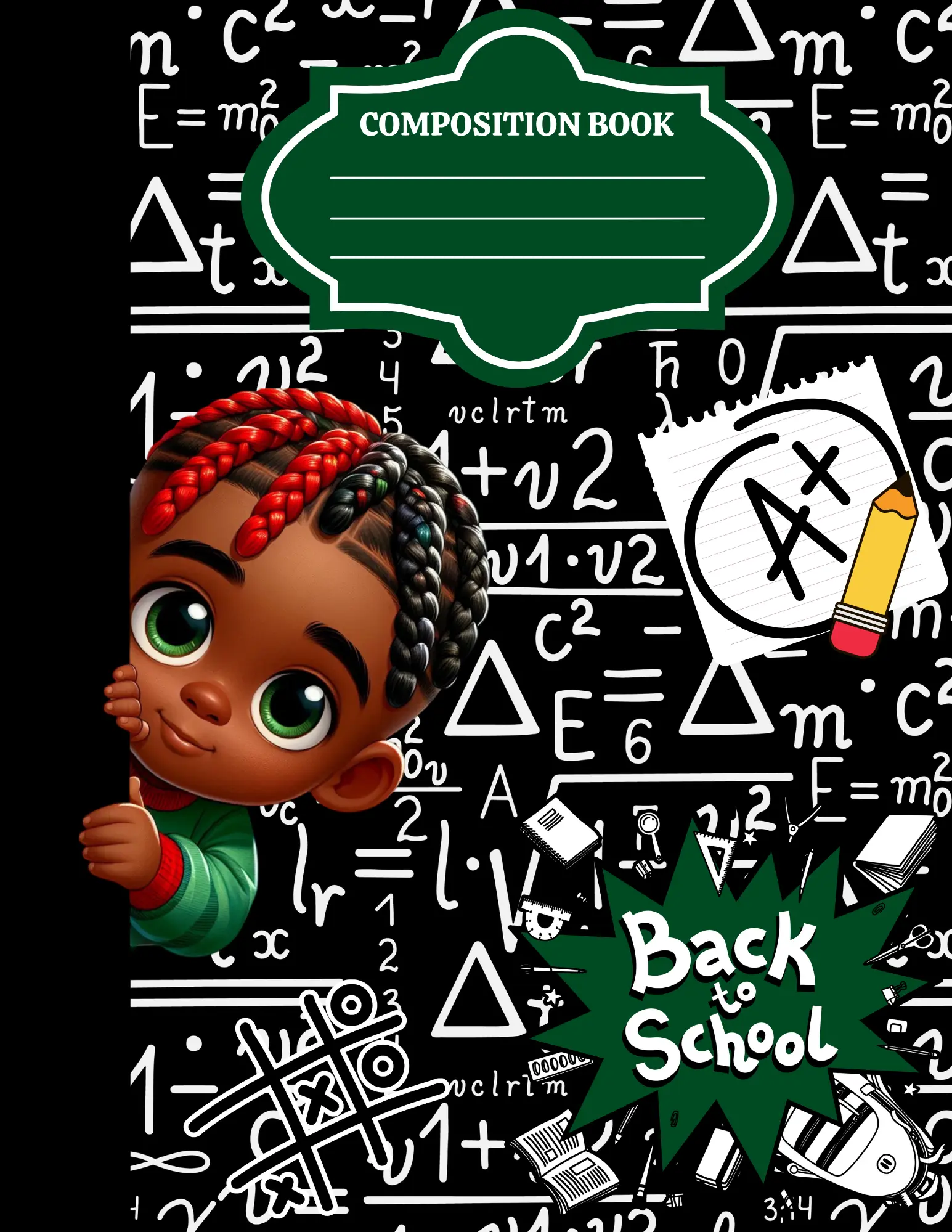Back to School Composition Notebooks Green Cover with Math Equations & Student Illustration for Writing and Learning