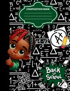 Back to School Composition Notebooks Green Cover with Math Equations & Student Illustration for Writing and Learning