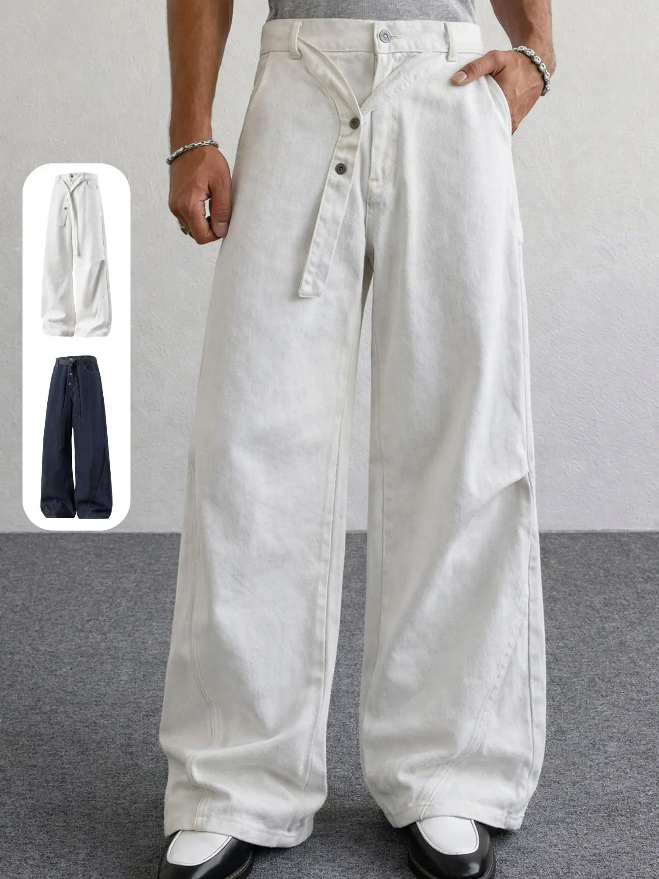 Men's Casual Loose Wide-Leg Poly-Cotton Jeans - 3D Cut, Slant Buckle, Ribbon Detailing, Relaxed Drape Long Trousers