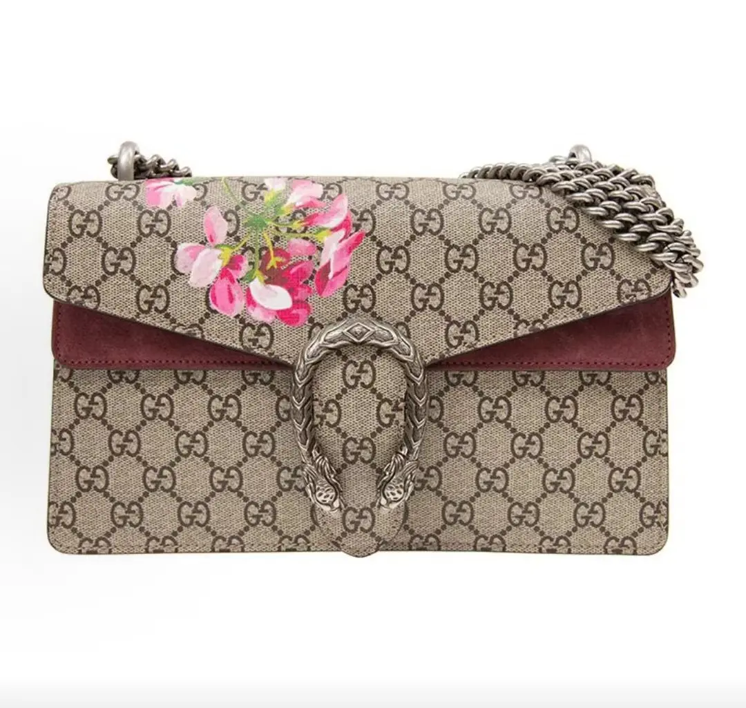 Pre-owned GUCCI Small Dionysus GG Blooms Crossbody Bag, Tiger Clasp, Vintage GG Geranium Print Canvas Leather Chain Shoulder Bag, Ebony Pink Women Handbag