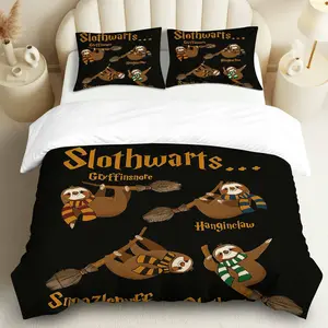3PCS Duvet Cover Set, 1 Duvet+2 Pillowcases(Without filler), Sloth Magic Wizard Quirky Funny theme, Halloween bedding set, Cozy Unique Bedding Suitable for decoration bedroom living room guest room dorm