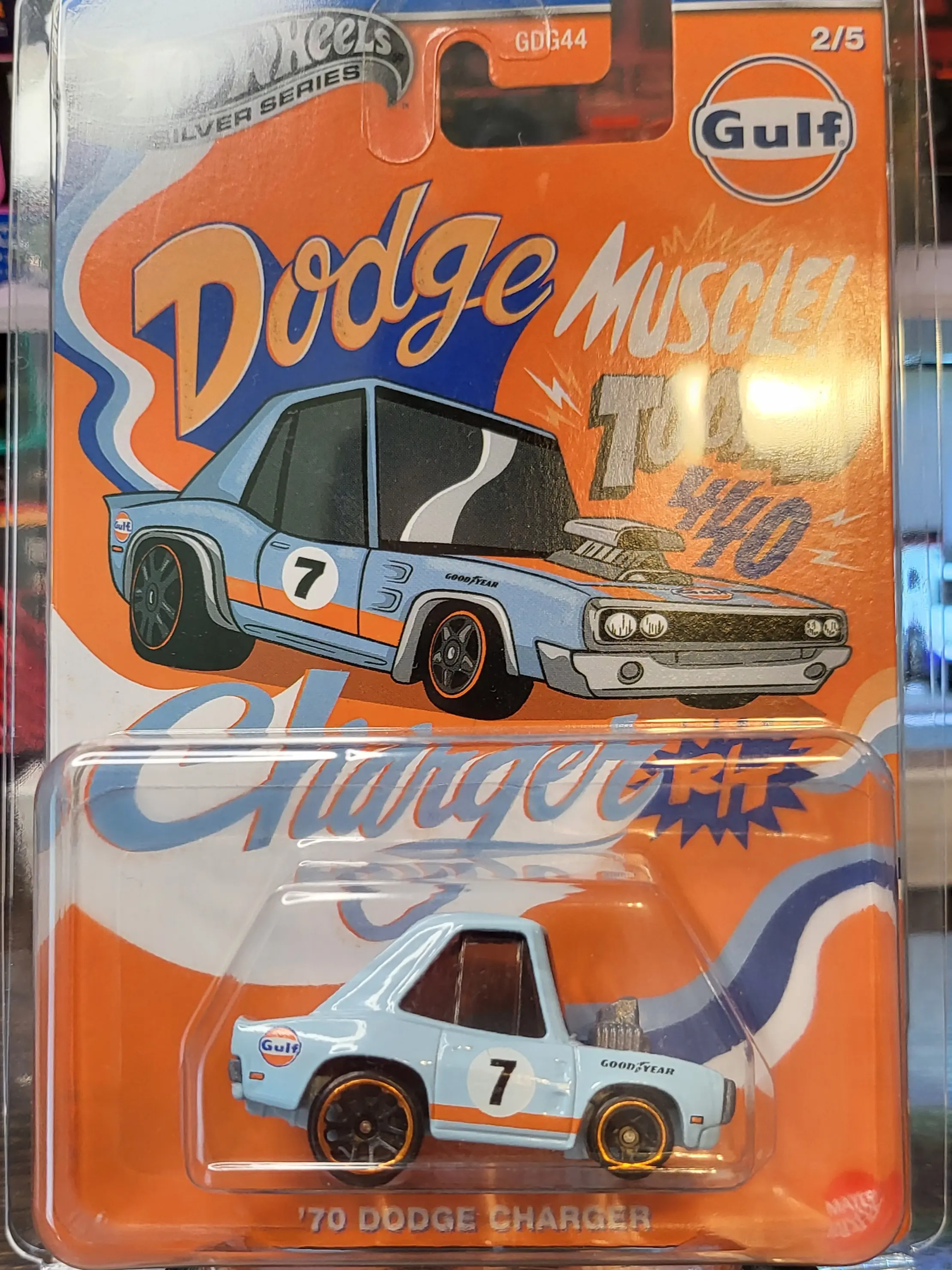 Hot Wheels Silver Special Series Tooned ’70 Dodge Charger Gulf Collector's Edition Die-Cast Model Car, Scale Diecast Friction Vehicles with Friction Drive, Toy for Collectors, Includes Card Protector & Gulf Logo