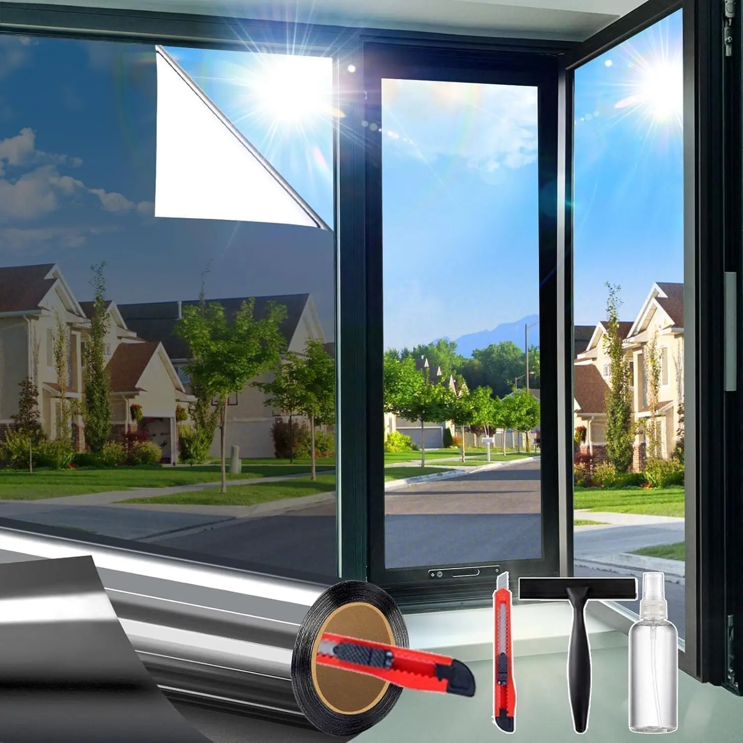 One Way Privacy Window Film Heat Sun Blocking, Window Tint for Home, Reflective Mirror for Glass Windows Cover, Static Cling, Removable, Anti-UV, Anti-Glare, Grey,17.5 Inch x 78.74 Inch