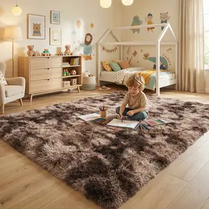 PLUMLIK Tie-Dye Brown Shag Area Rug, Ultra Soft High Pile Silk Wool Carpet for Living Room Bedroom, Non-Slip Decorative Floor style Rug for Modern Home Decor, Cozy Indoor Lounge Carpet, Easy Care, Perfect for Contemporary Spaces