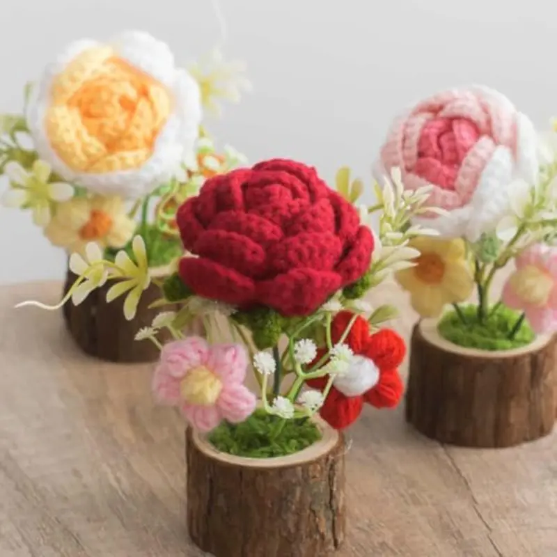 Crochet Flowers Bouquet Gift, Cute Handmade Knitted Sunflowers Pink Rose with Wooden Base Cards, Ideal Crocheted Gifts for Women Teacher Employee Office Desk Decor, Birthday Mother's Day