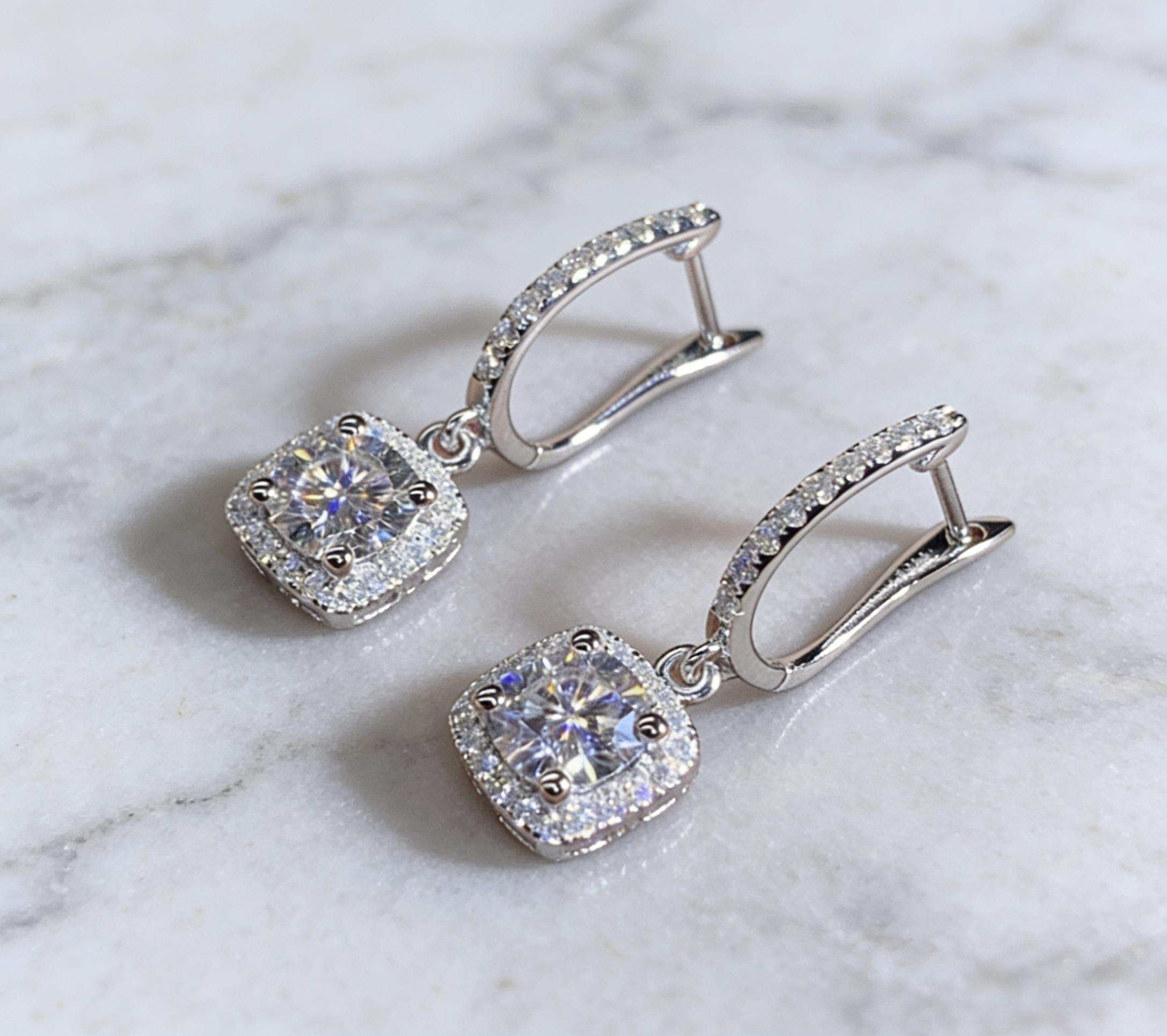 S925 silver plated cushion cut moissanite earrings, luxurious halo diamond earrings, skin-friendly design, hypoallergenic halo drop earrings, engagement and wedding jewelry for women, romantic gift for her