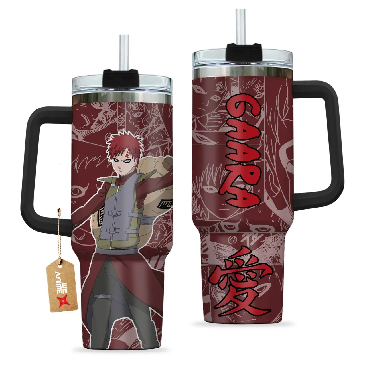 [WDC] Gaara “Fifth Kazekage” 40oz Tumbler With Handle – Sand Village Guardian Ninja Stainless Steel Warp Cup, Anime Manga Wrap Design, Double Wall Insulated Travel Mug, Gift for Otaku Fans