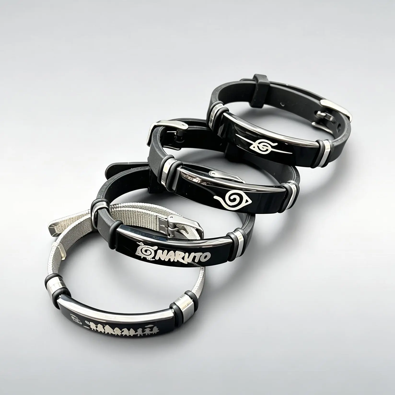 Naruto Anime Konoha Village Symbol Anti-Leaf Logo Bracelets - Stainless Steel Engraved, Silicone Adjustable Cosplay Jewelry Gift for Anime Fans, Fashion Accessories for Men and Women stylish easter gold charm decor minimalist chain bangle luck good pride