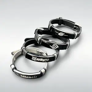 Naruto Anime Bracelet Konoha Village Symbol Anti Leaf Logo Wristband Stainless Steel Engraved Silicone Adjustable Bracelets Cosplay Jewelry Gift for Men Women Fans Anime Accessories