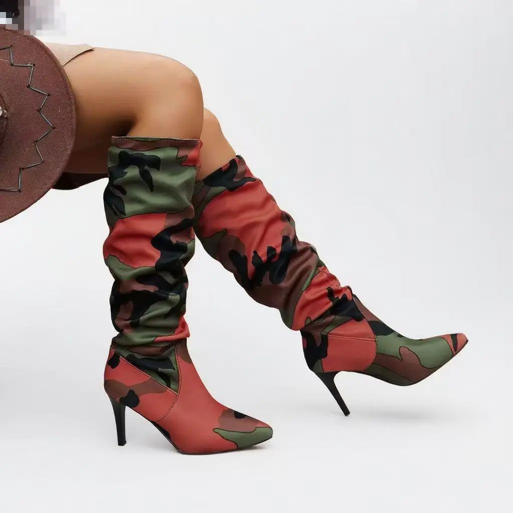 Elegant Women'S High Heel Mules with Pointed Toe & Pleated Detail - Slip-On Mid-Calf Boots, Platform, Flared Heel, Red & Green Camouflage Design, Versatile for Dresses & Outfits, All-Season Comfort, Stylish Outfit Accessories, Fabric Lined