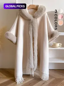 Women's Solid Color Tassel Trim Hooded Cape Shawl, Casual Style Fitted Warm Thick Plush Open Front Cape Shawl for Fall & Winter, Fashion Accessories for Women