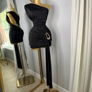 Women's Black Drape Casual Dress - Women's Clothes, Fitted Style, Slimming Design, Ideal for Night Out