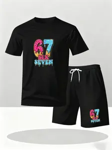 Trendy Ice Cream Number 67 Men's Short Set, candy graffiti print loose breathable summer streetwear two-piece