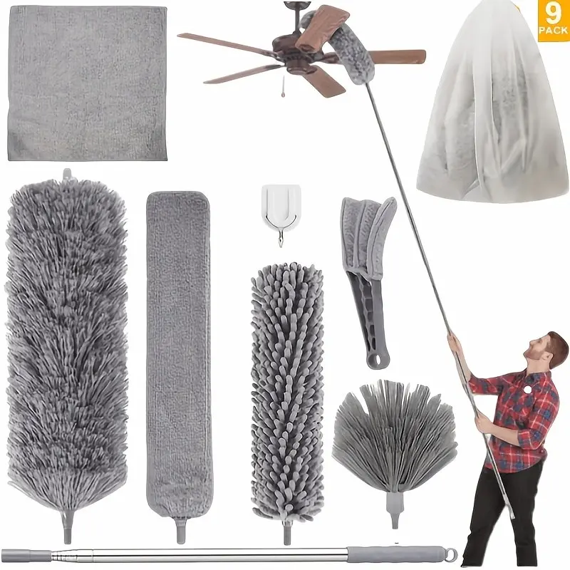 9/12pcs Microfiber Duster Kit for High Ceiling, Extendable Dusters for Cleaning with 100" Extension Pole, Washable and Retractable Long Feather Duster for Home Car Furniture Cobweb, Blinds, House Cleaning Tool Kit