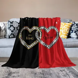 Crystal Heart King & Queen Romantic Couple Flannel Blanket ,  Soft and Warm Blanket With Romantic Crown Design ,  Sweetness with Elegance ,Perfect for Couples, Lovers , Valentine's Day , Birthday ，Wedding Anniversary Gifts