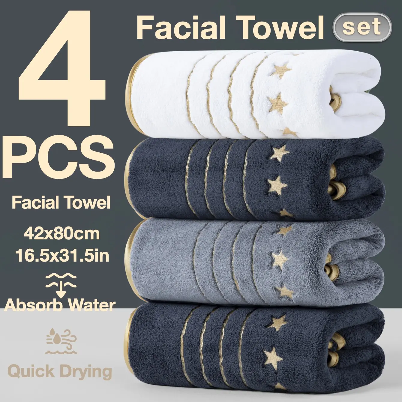4-Pack Gold Trim Embroidered Bath Towels Set, Premium Towel Set, Large Thick Absorbent Microfiber Towels, Fast Drying Versatile Use for Spa Home Camping Hotel School Travel Beach Community Factory