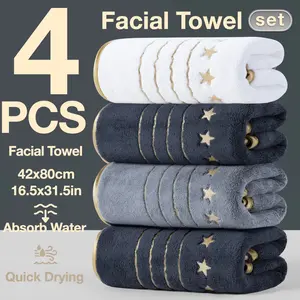 4-Pack Gold Trim Embroidered Bath Towels Set, Large Thick Absorbent Microfiber Towels, Fast Drying for Spa Home Camping Hotel School Travel Beach Community Factory