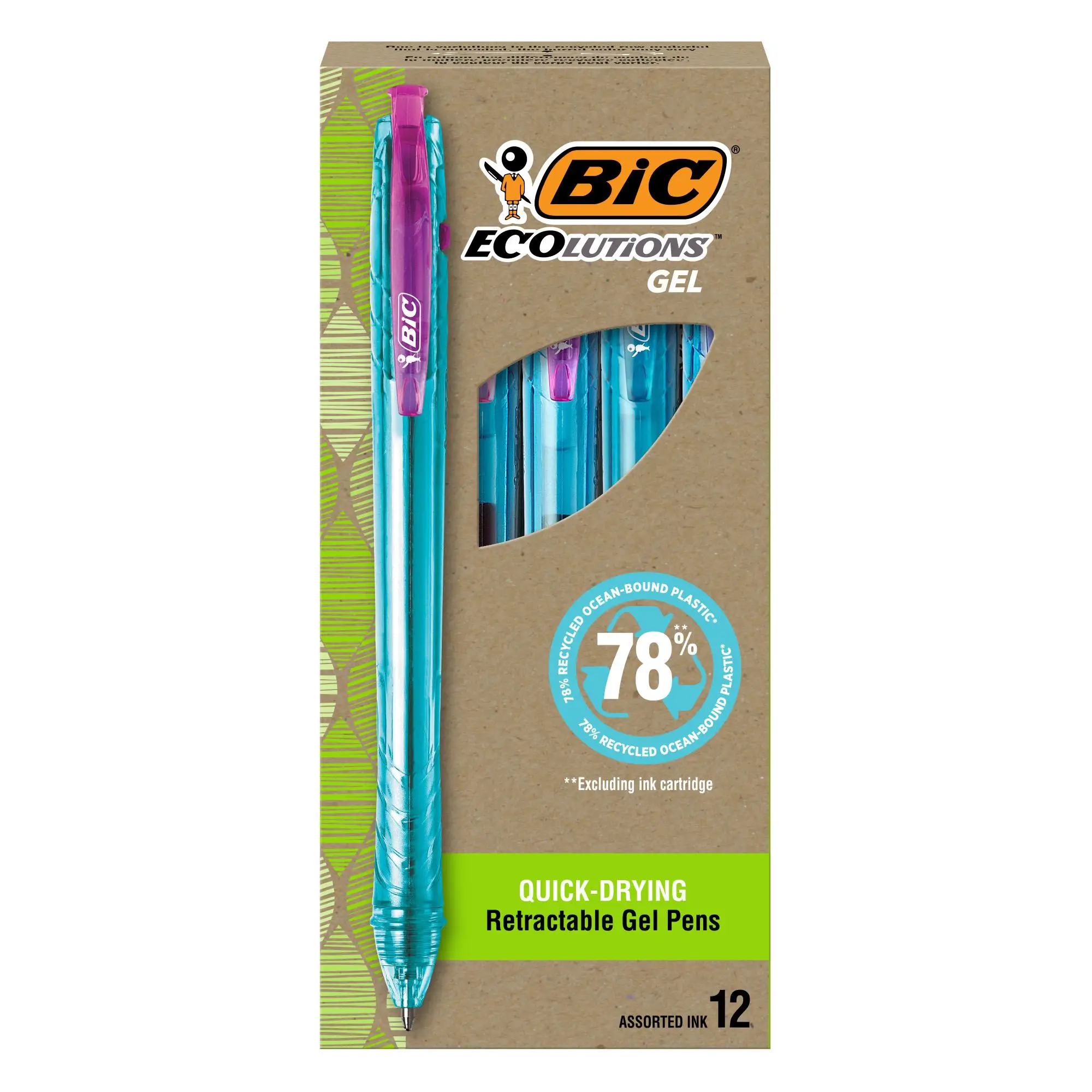 BIC Ecolutions Ocean-Bound Plastic Gel Pens, Medium Point (1.0mm), 12-Count Pack, Retractable Assorted Ink Pens Made from 78% Ocean-Bound Recycled Pla