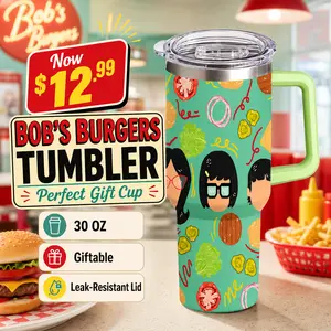 Bob's Burger 30 oz Vacuum Insulated Stainless Steel Tumbler, Travel Cup with Handle & 3-Position Lid, 24H Ice Retention, Leakproof Travel Mug for Iced Coffee & Tea, Car Cup Holder Compatible, BPA-Free