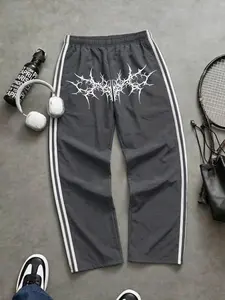 Men's Y2K Style Drawstring Sports Pants, Gothic Print, All-Season Comfortable Straight Leg, Velvet Fabric, Casual Fashion, Running Pants