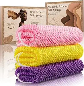 African Net Sponge Authentic 3 Pieces Gentle Exfoliating Body Scrubber Bath Sponges for All Skin Types, African Exfoliating Net Sponge with Handles Washcloth Loofah Bathing Accessories for Shower Cleaning Box