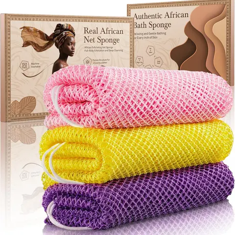 COSGOOLK Authentic African Net Scrubbers (3 Pieces) - Gentle Nylon Exfoliating Back Washcloths with Handles, Extra-Long Full-Body Personal Shower System Loofahs, Bath Poufs for All Skin Types, Gift Bathing Accessories, Scrubber
