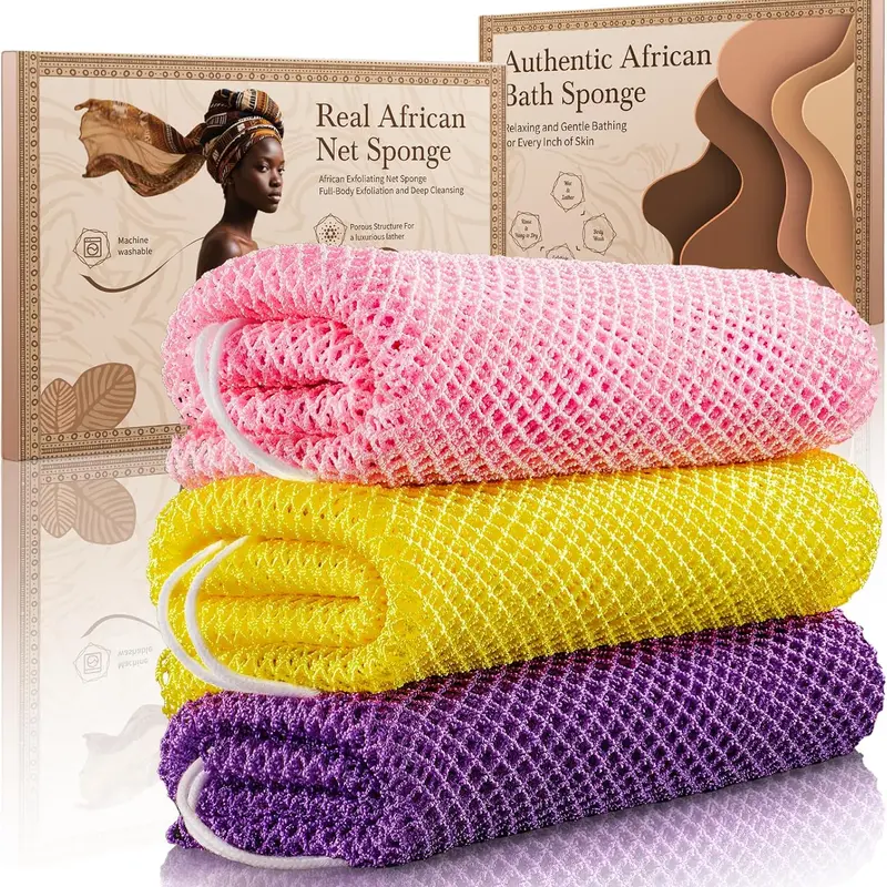 COSGOOLK Authentic African Net Scrubbers (3 Pieces) - Gentle Nylon Exfoliating Back Washcloths with Handles, Extra-Long Full-Body Personal Shower System Loofahs, Bath Poufs for All Skin Types, Gift Bathing Accessories, Scrubber