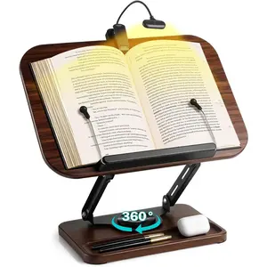 Book Stand with Light & Storage, Book Holders for Reading Hands Free, Wooden Cookbook Stand with Adjustable Height & 360 °Angle for Recipe Magazine Laptop Tablet Bible