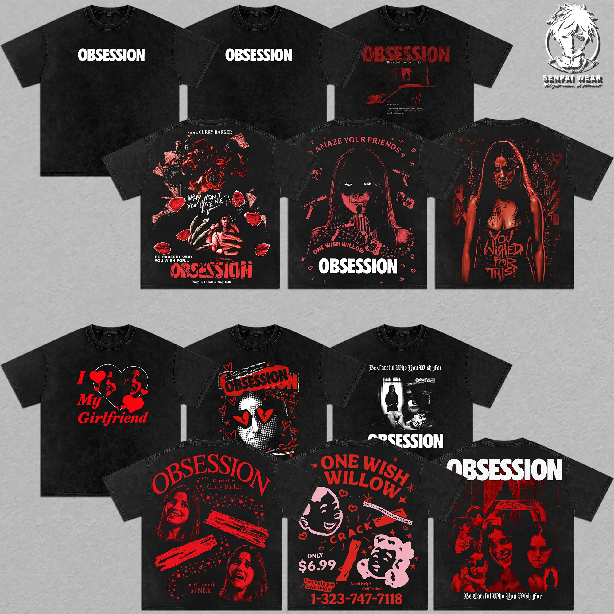 [Collection] Vintage Obsession One Wish Willow Acid Wash Oversized T-Shirt, Obsession Movie Inspired Horror Graphic Tee, Premium Dark Romance Top, Retro Psychological Thriller Aesthetic Unisex Fan Merch, TikTok Viral Tee Gift for Horror Movie Lovers
