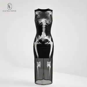 Elengatine Women's Polyester Sleeveless Bodycon Midi Dress - X-Ray Skeleton Print, Sheer Mesh Overlay, Stretchy Slim Fit, Sexy Night Out Women's Clothes for Parties, Events,summerwins,summeroutfits,vacationoutfits,beachoutfits