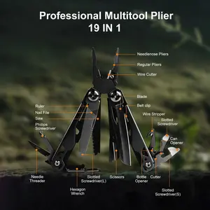 19-in-1 multifunctional tool set featuring a premium 440C stainless steel multi-function pliers, equipped with nylon sleeves, foldable and portable—ideal for outdoor survival, camping, hiking, and maintenance activities.
