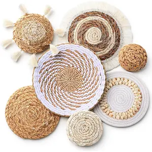 Oqqlin 7 Pcs Boho Wall Basket Decor, Handmade Seagrass Rattan Wicker Wall Decor Flat Round Rustic Woven Hanging Art for Bedroom, Kitchen, Living Room, Office Decorations