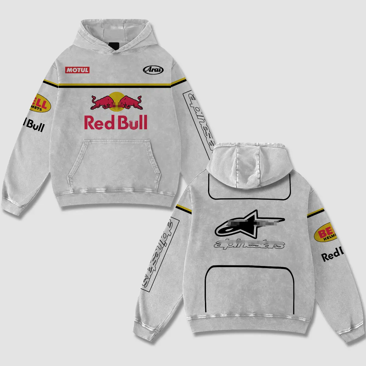 Revion - Retro Redbull x Astars Racing Acid Washed White Hoodie - Vintage Motorcycle Motorsports Streetwear - Premium Cotton Dirt Bike Graphic Merch - Relaxed Fit Biker Apparel