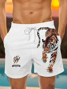 Tiger Print Men's Beach Shorts, Fashion Casual Summer Vacation Wear, Fitted Short Pants, All over Print, H Type Style