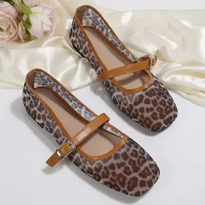 Women's Leopard Print Mesh Flats Square Toe Buckle Strap Casual Daily Flat Fashion Shoes Springfresh