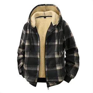 Men's Black and Wheat Checkered Fleece Lined Hoodie Jacket - Fleece Lining, Checkerboard Print, Warm Jacket for Cool Weather