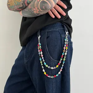 1PC Unisex Y2K Streetwear Multi-Color Rhinestone Double Layer Pant Chain, Silver Tone Alloy with Rainbow Beads Waist Chain, for Jeans, Festival & Daily, Ideal Birthday Gift