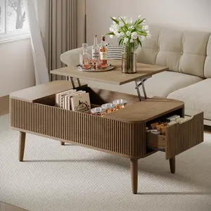 47.2” Modern Coffee Table Wooden Fluted Lift Top Coffee Table with Hidden Compartment, Mid Century Modern Rectangle Center Tables with Lifting Tabletop & 2 Storage Drawers for Home Living Room