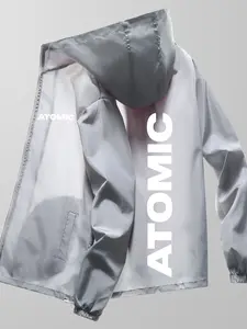 Oversized Atomic Windbreaker Jacket, Bold Vertical Logo Graphic, Unisex Lightweight Sports Hoodie, Slim-Fitting, All Seasons