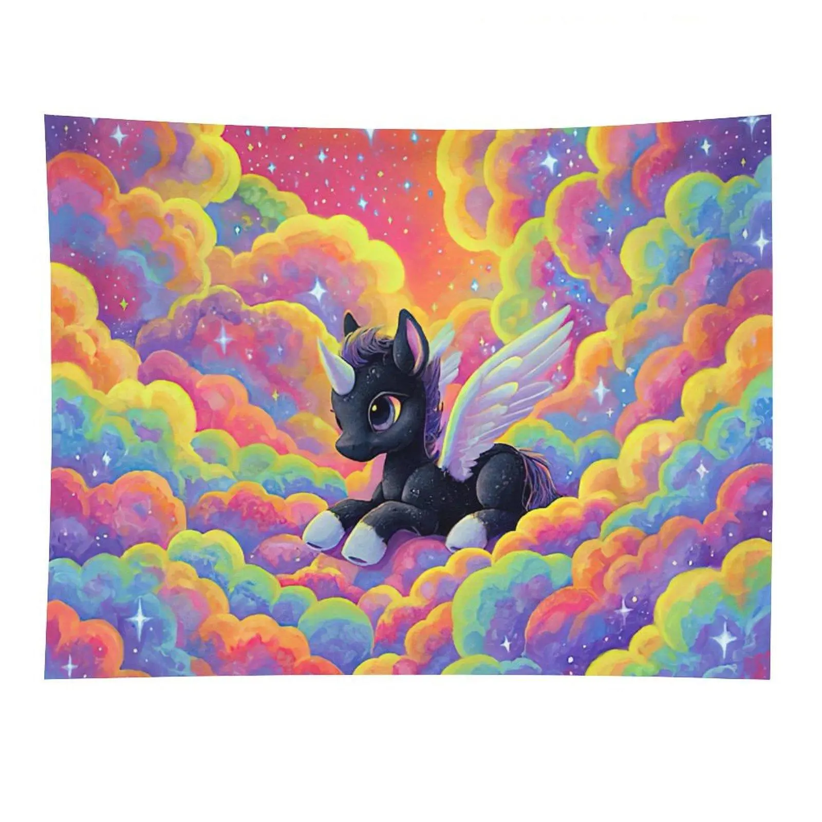 Cute Black Pegasus Unicorn Tapestry Rainbow Cloud Kawaii Fantasy Wall Decor