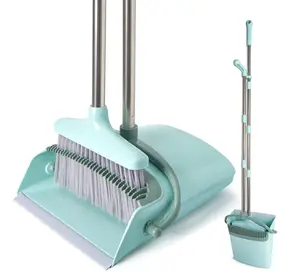 XXXFLOWER Broom and Dustpan Set with Cleaning Teeth, 55" Long Handle Indoor Sweeping Combo for Home Office Kitchen, Bluish Green