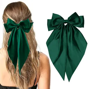 Big Bow Hair Clips, Long Ribbon Hair Pins for Women - Green Hair Bows, Soft Barrettes, and Party Accessories
