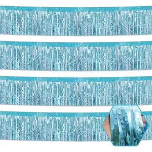 4 Pack 10  Light Blue Foil Fringe Garland Metallic Tinsel Streamers Banner Wall  Curtain Backdrop for Parade Floats, Wedding, Graduate, Mother's Day, Birthday Party Decoration