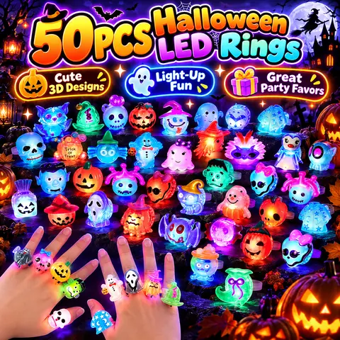 50pcs Assorted Plastic Unisex Halloween LED Flashing Light Rings - Party Supplies, Adult & Kids Costume Accessories, Goodie Bags Fillers, Safe Trick-or-Treat Gifts
