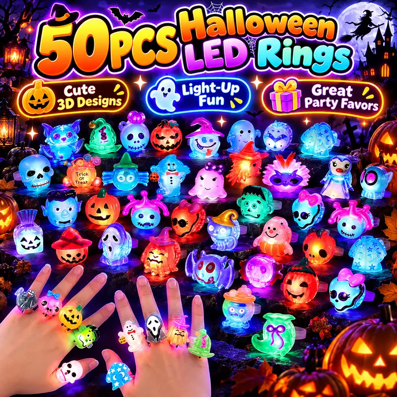 50pcs Assorted Plastic Unisex Halloween LED Flashing Light Rings - Party Supplies, Adult & Kids Costume Accessories, Goodie Bags Fillers, Safe Trick-or-Treat Gifts