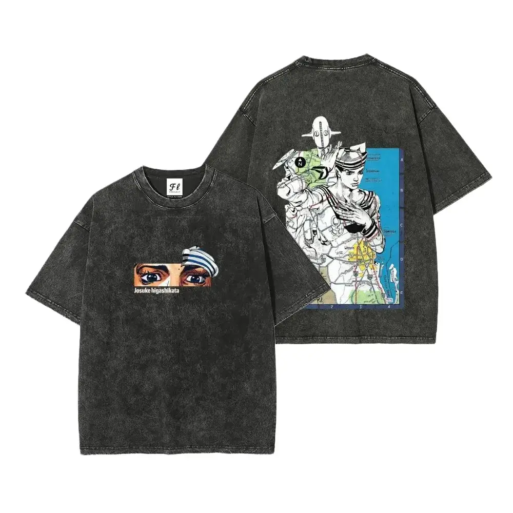 JoJo's Bizarre Adventure Josuke Higashikata Anime Graphic Tee, Vintage Acid Wash Unisex T-Shirt, Anime OOTD show JoJolion Soft & Wet Oversized Top, Y2K Grunge Harajuku Hip Hop Streetwear Clothes for Men and Women