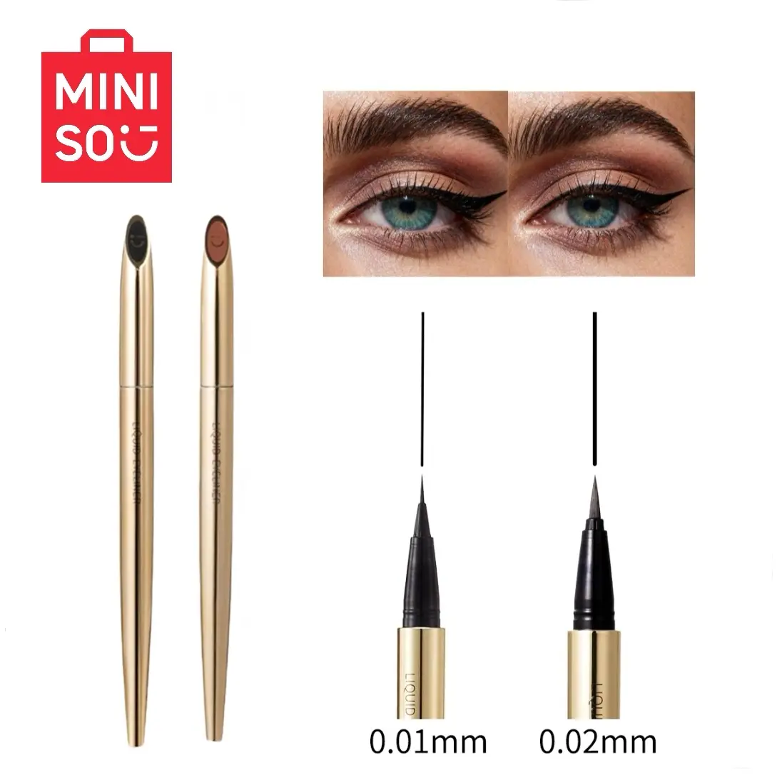 MINISO Gold Tube Waterproof Longwear Eyeliner Pen Cosmetic - 0.01mm & 0.02mm Black, Smudge-Proof, 15g, Ideal for Women's Daily Makeup & Parties, Enhances Eye Makeup, Enhance Eye Makeup, Back To School