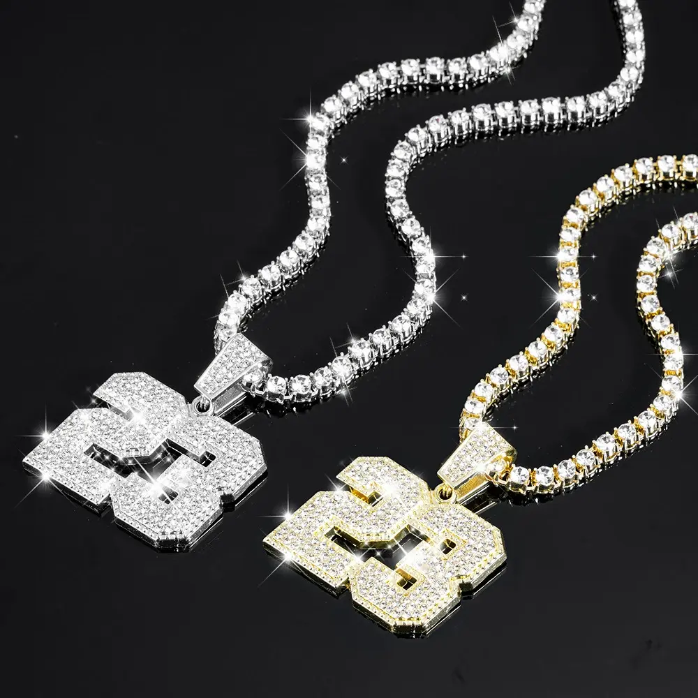 Men’s 23 Number Pendant Necklace Iced Out Tennis Chain Hip Hop Style for Party Daily Wear